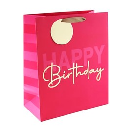 Eurowrap Pink and Gold Happy Birthday Gift Bag With Gift Tag - Gift Bag for Her, Birthdays, Kids, Girls - Vibrant Bright Ladies Happy Birthday Gift Wrap Occasion Present - Large Size