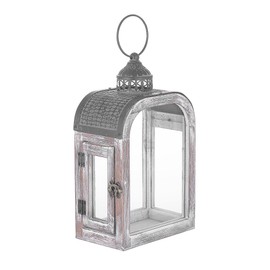 11" High Farmhouse Decorative Lanterns Set, Glass and Metal, Distressed White Wood Finish, Vintage Metal Top, Indoor Outdoor Candle Holders (Rustic White, 7"X4")
