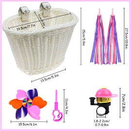 Bicycle Basket Children's Bicycle Basket Braided for Girls and Children Front Bicycle Basket Front Children with Leather Straps, Streamers, Bicycle Bell, Windmills