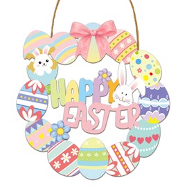 Easter Egg Door Sign - Happy Easter Decorations with Bunny Eggs Wood Wreath for Front Door Porch Window Wall Hanging Decor, Spring Decoration for Home