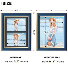 KSROECUD 8.5x11 Velvet Picture Frame with 2 Openings 5x7 Pictures, HD Real Glass Navy Blue Velvet Photo Frame with Black White Border Mat, Gold Border Horizontal & Vertical Display for Tabletop or Wall Decor (2 Pack)