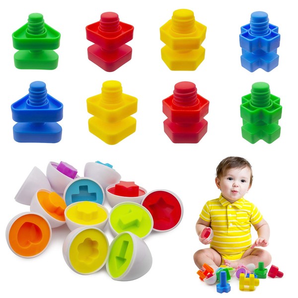 EJLIFEBOX 14 Pack Jumbo Nuts Bolts and Matching Eggs Fine Motor Skills Toys Set for Toddlers, Matching Color and Shape Game Toy Improve Motor Skills