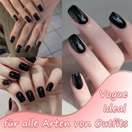 Press on Nails Short - Pack of 24 Black Fake Nails Full Cover with Nail Glue, Square Nails for Sticking Acrylic Artificial Fingernails for Women and Girls Nail Art Manicure (Black, 24 x)