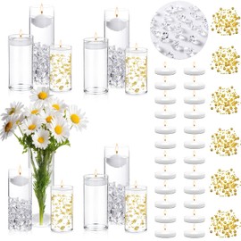 FFUW 12 Sets Glass Cylinder Vases for Centerpieces with 24 Floating Candles 400 Acrylic Fake Ice Cubes 6 Pearl String Vase Filler Hurricane or Floating Candle Holder for Party Wedding Home Table Decor