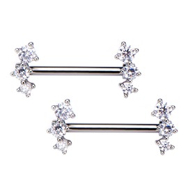 Pierced Owl 14GA Stainless Steel Triple CZ Crystal Curve Nipple Barbells, Sold as a Pair, Stainless Steel,Cubic Zirconia,Crystal