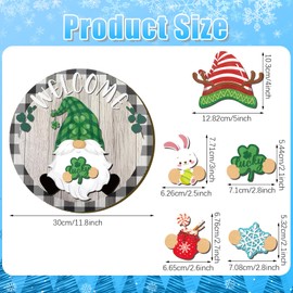 FairySandy 29 Pcs Interchangeable Gnome Welcome Sign for Front Door Seasonal Wooden Home Decor with Magnet Wall Decoration Detachable Hat for Spring 4th of July Bee Festival(Black White Plaid Color)
