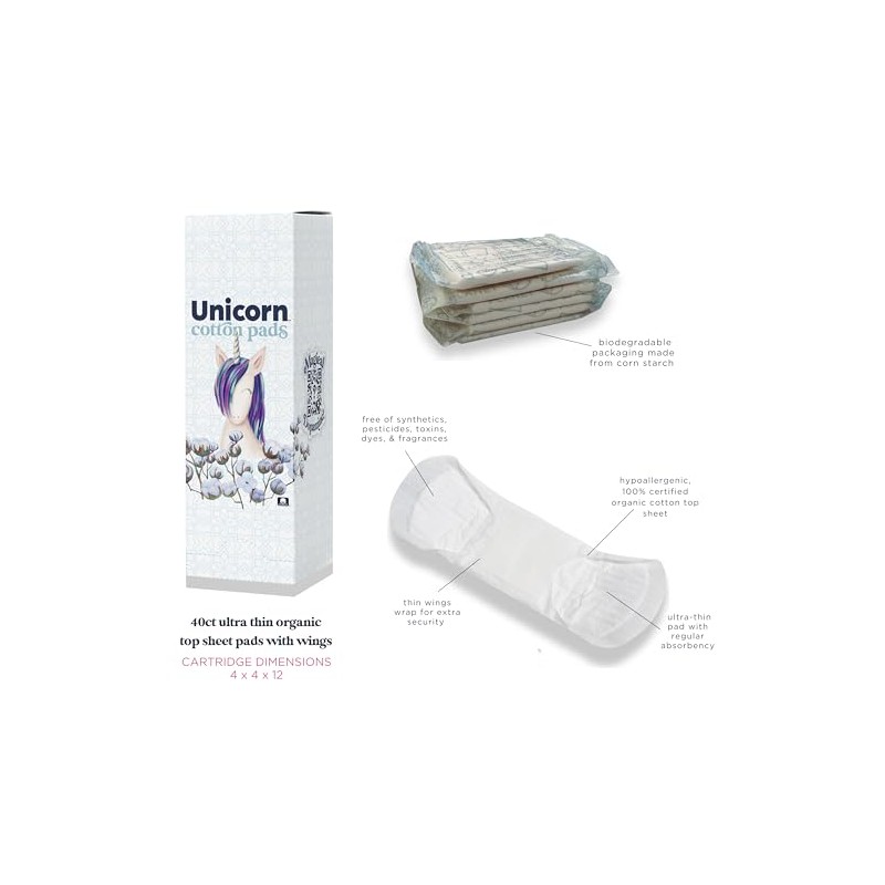 UNICORN Pads, Organic Plant-Based Cotton Covered Ultra Thin Pads with