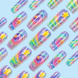 24Pcs Medium Press on Nails Square Fake Nails with Brilliant Star Designs Gradient Rainbow Color Stick on Nails Spring Summer False Nails Reusable Full Cover Artificial Nails for Women Girls