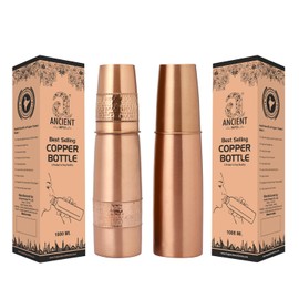 ANCIENTIMPEX Set of 2 Copper Water Bottles With Copper Tumblers For Ayurveda Health Benefits, 900 ml Capacity