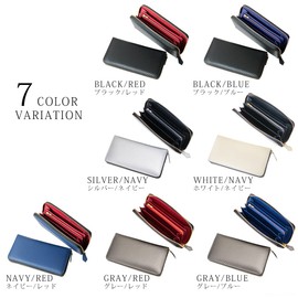 Marge x Diablo MGD-1899 Men's Long Wallet, Carbon Leather, Large Capacity, Round Zipper, Silver x Navy