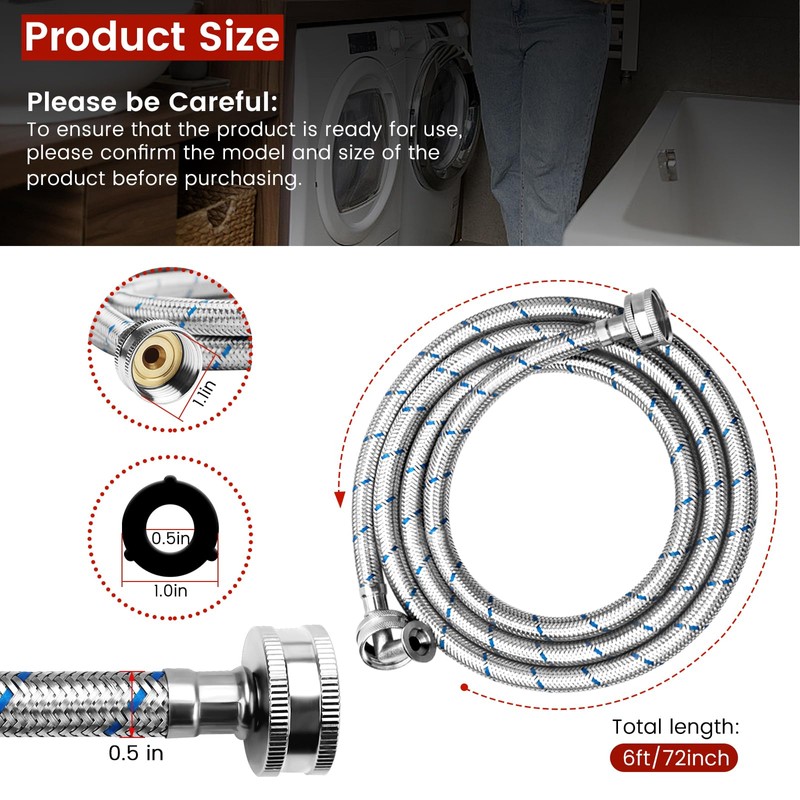 6Ft Stainless Steel Washer Hose with 90 Degree Elbow by