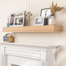 AZSKY Fireplace Mantel Shelf Handmade 60 Inch, Natural Wood Floating Long Mantel Shelf for Over Fireplace, Wall Mounted Hanging Shelf with Invisible Wood Bracket for Bedroom Living Room, Set of 1