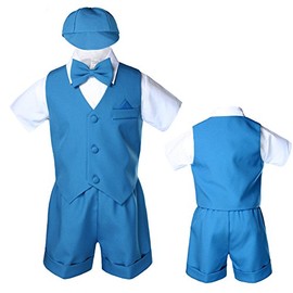 5pc Baby Boy Toddler Eton Formal Party Vest Shorts Set Suits w/Bow tie Hat S-4T (4T, Teal)
