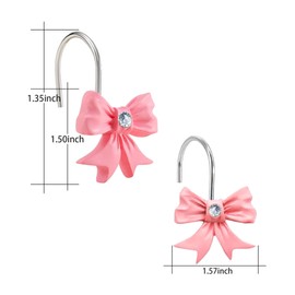 Pink Bow Shower Curtain Hooks with Shining Diamond, Cute Bathroom Decor, Set of 12 Girly Decorative Bowknot Rings, Heavy Duty, Anti Corrosion