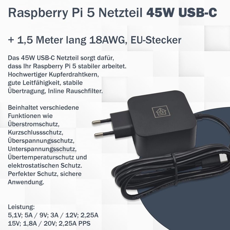Raspberry Pi 5 USB-C Power Supply 45W, USB-C Power Supply,