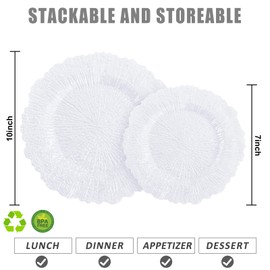 U-QE 60 Pieces White Plastic Plates for Party - Disposable & Reusable - Reef Disposable Plates - Premium Hard Plastic Plates for Wedding - Including 30 Dinner Plates 10 '' & 30 Dessert Plates 7 ''