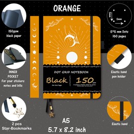 BUKE Dotted Journal - 150gsm Black Paper - 5 * 5mm DOT GRID Layout 160 Pages - A5 Size PU Leather Hardcover Drawing Sketch Notebook (Orange)