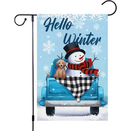 Louise Maelys Hello Winter Garden Flag 12x18 Double Sided, Burlap Small Vertical Buffalo Check Plaid Truck with Snowman Dog Yard House Outside Outdoor Decoration