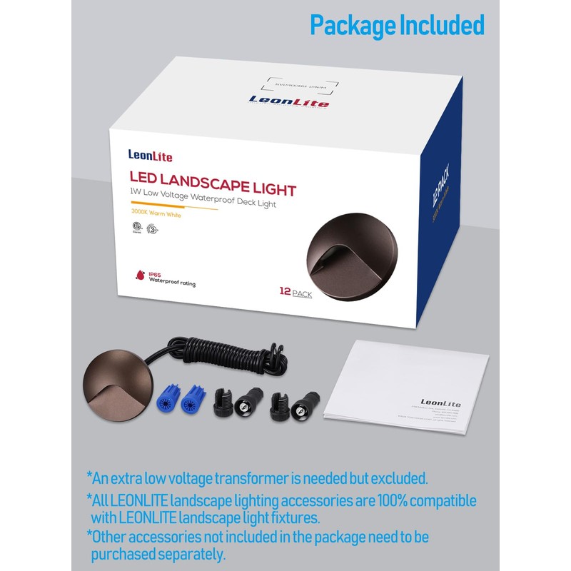 LEONLITE 12-Pack Recessed Low Voltage LED Deck Light Anti-Glare, 12-24V