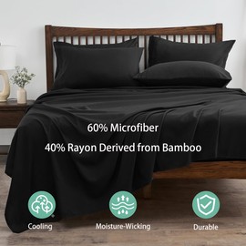 LINENLINE Queen Sheet Set, Rayon Derived from Bamboo, 6pcs Cooling Sheet with 4 Pillowcases, Soft & Breathable, 16" Deep Pocket, Queen Cooling Sheets, Luxury Hotel Bed Sheets, Black