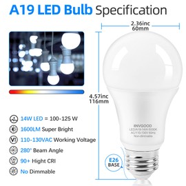 14W A19 LED Light Bulbs 100-125 Watt Equivalent, 12 Packs 1500LM Bright 5000K Daylight White LED Bulbs, E26 Medium Base Bulbs for Home Office Bedroom Living Room Kitchen, CRI 90+, Non-Dimmable