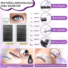Kit de Extensiones de Pestañas con Herramientas, Curvatura D y Longitudes Mixtas de 8-15mm