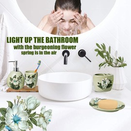 Decorative Bathroom Accessories Set, Pastoral Style Vanity Organizers Including 1 Tumblers, 1 Soap Dish, 1 Toothrush Holder and 1 Soap Dispenser, Green with White Flower and Green Leaf