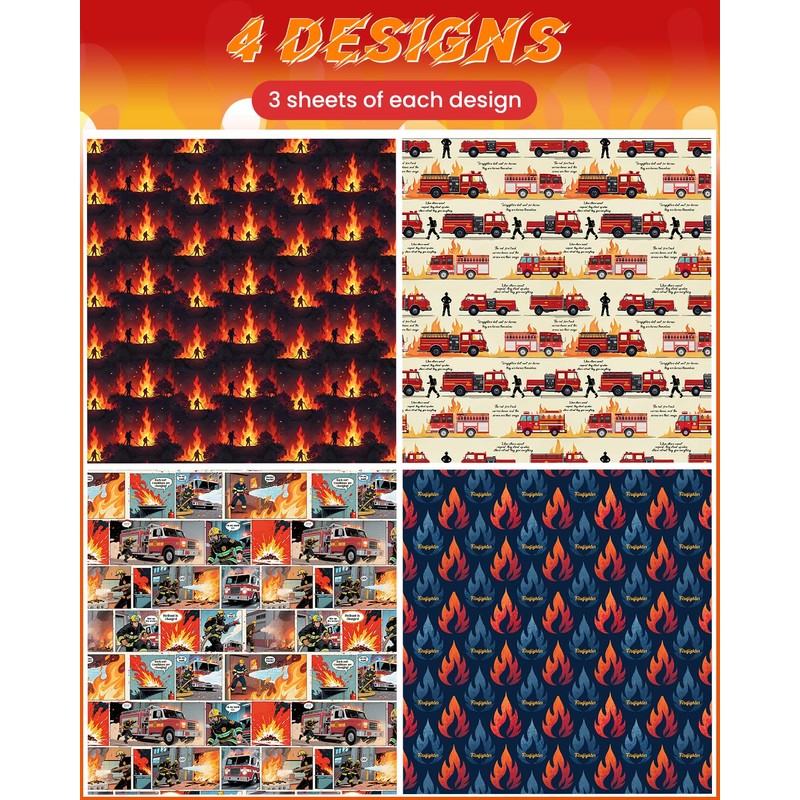 Pineraap 12 Sheets Firefighter Themed Wrapping Paper, Fire Safety Gift