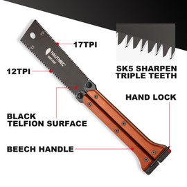 HAUTMEC 6-Inch Japanese Pull Saw, Double-Edged Folding Hand Saw with SK5 Flexible Blade (12/17 TPI), Beech Handle, Flush Cut Woodworking Tool with Portable Drawstring Pouch – HT0446
