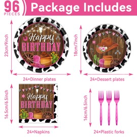96 Pcs Cowgirl Decorations Party Supplies Western Theme Paper Plates Cow Print Party Plates Western Disposable Plates and Napkins Girl Rodeo Pink Birthday Wild West Tableware Decor for Kids Serves 24