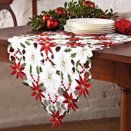 GUDELAK Christmas Table Runner Embroidered Xmas Table Runner with Poinsettia Holly Christmas Table Decorations Centrepiece for Dining Holiday Party Christmas Decorations, 40cm x 180cm