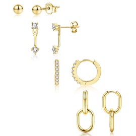 Gold Earrings for Women, ALEXCRAFT 14K Goldplated Stud Hoop Earring Multipack Stack Dainty Drop Dangle Earring 9ct Gold Zirconia Studs Small Cartilage Huggie Hoop Earrings Set for Multiple Piercing