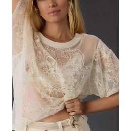 OPCAKM Women's Mesh Tops Y2K Short Sleeve Sheer Lace Embroidered Shirts Layering See Through Blouse(White-Large)