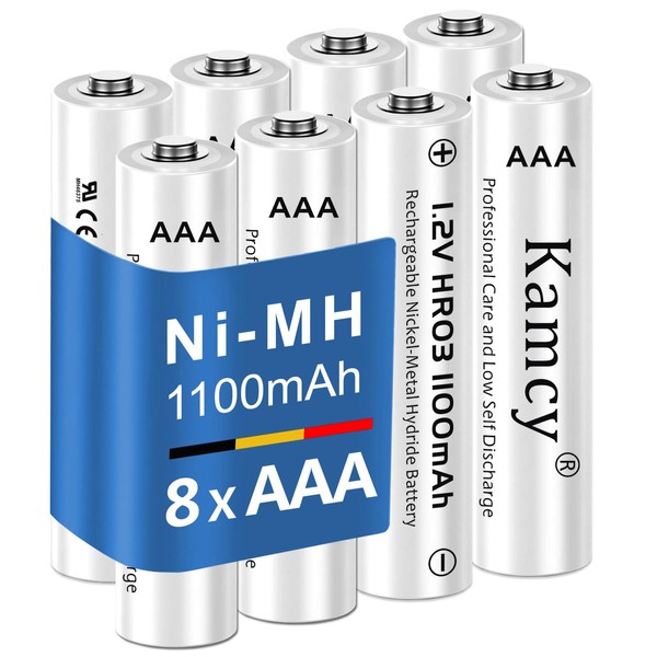 KAMCY - Pilas AAA recargables triples AAA, 1100 mAh, alta capacidad de larga duración, 1.2 V Ni-MH, pilas AAA de baja autodescarga, baterías recargables AAA precargadas, 8 unidades (paquete de 1)