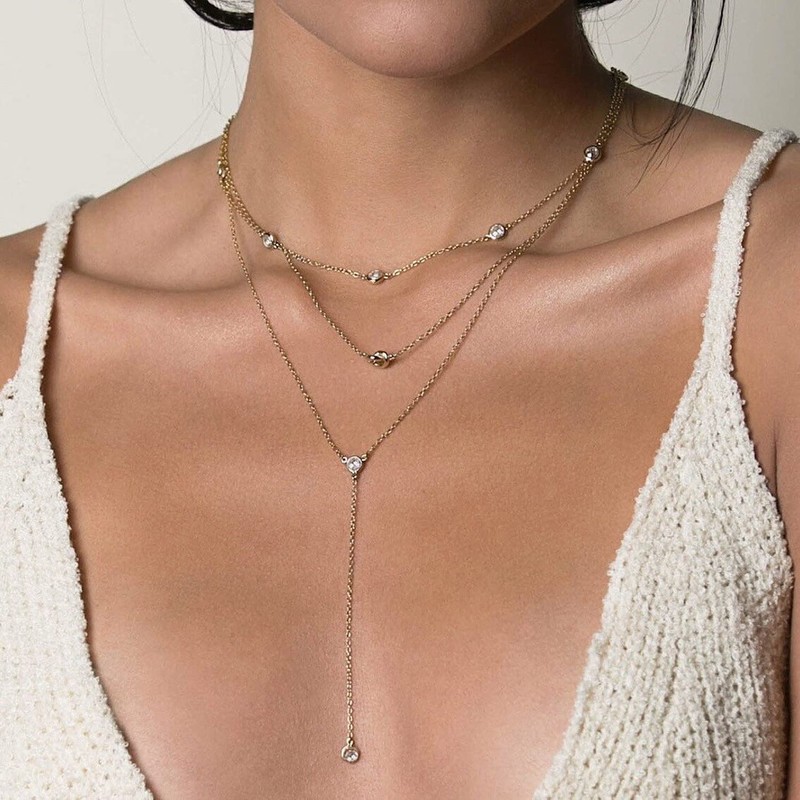 JECOMY 14K Gold Plated Lariat Necklace Dainty Long Gold Necklaces