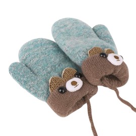 Faxianther Toddler Kids Cute Bear Knitting Gloves Baby Girls Boys Winter Warm Thicken Plush Lining Full-Fingered Gloves Mittens Outdoor Short Mitts Hands Warmer With String