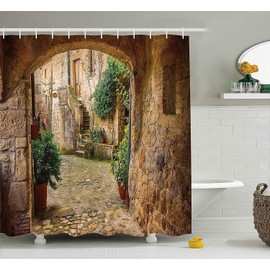 Abaysto Shower Curtain Landscape from Another Door Antique Stone Village Tuscany Italian Valley Scenery Decor Waterproof Fabric Bathroom Bathtub Shower Curtains with 12 Hooks 72x72 Inch
