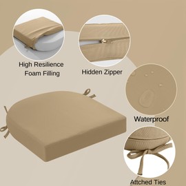 idee-home Outdoor Chair Cushions Set of 2, Thick 17" x 17" x 3" Patio Chair Cushions for Outdoor Furniture Waterproof with Ties, Outdoor Seat Cushion, Patio Chair Pads Dining Chair Antique Beige
