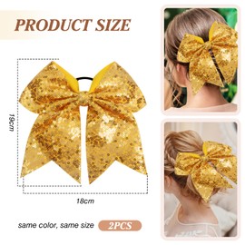 TUUXI 2pcs Large Glitter Cheer Bows 7 Inch Gold Sequin Cheerleading Bows with Elastic Hair Ties Bands Ponytail Holder for Cheerleaders Softball Football Competition College Sport