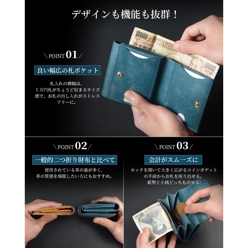 Kawaoto Men's Bi-fold Wallet, Pueblo Leather, Genuine Leather, Compact, Made