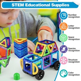ZUYIST 60 Teile 3D Bunte Magnetische Bausteine, 4 Formen DIY Magnetbausteine, STEM Magnet Spielzeug Kinder mit 2 Radsatz und Kasten, Magnetic Building Blocks für Kinderspielzeug Ab 3 Jahre