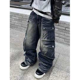 DFGIGT Mens Goth Baggy Cargo Jeans with Pockets Steampunk Patchwork Embroidery Wide Leg Denim Pants Jinco Punk Casual Fashion Cargo Pants Y2k Gothic Relaxed Loose Oversized,F10 Blue,X-Small