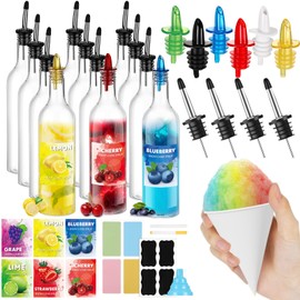 Maxcheck 12 Pcs Plastic Snowcone Syrup Bottles Snow Cone Supplies Empty Plastic Syrup Dispenser with Rainbow Pourer Plastic Long Neck Bottles for Summer Fruit Syrup Party(25 oz)
