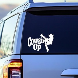 Western Cowgirl Up Car Decal – Unique Gift for Women Who Love Horses, Country Life, or Rodeo – 6.3x4.3 Inch White Vinyl Graphic for Trucks, Notebooks, Bumpers, or Rear Glass (wll067-white)