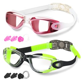 COOLOO Swim Goggles Men, 2 Pack Swimming Goggles for Women Kids Adult Anti-Fog, Green & Red