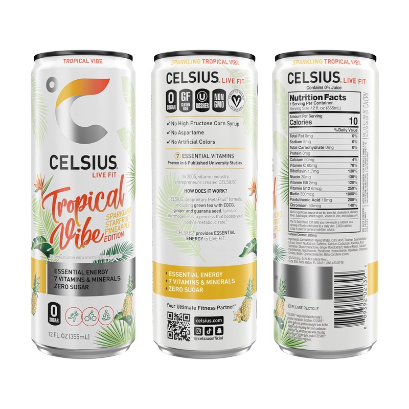 CELSIUS Sparkling Tropical Vibe, Functional Essential Energy Drink 12 Fl