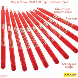 DOLLAR Fineliner Pens, RED, 0.3mm Ultra Fine Felt Tip, Pack of 10, Precise Writing, Write Draw Sketch Colour Mark Fine Line Pens