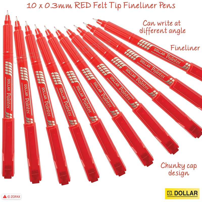 DOLLAR Fineliner Pens, RED, 0.3mm Ultra Fine Felt Tip, Pack