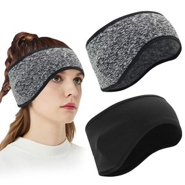 skytowards Pack of 2 Headbands, Sports Running Headband, Fleece Ear Warmers, Winter Ear Bands, Stretchy Headband, Sports Hairband, Earmuffs, Headband for Jogging Running for Men and Women (Black +