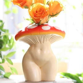 GUGUGO Mushroom Lady Body Vase for Flower, Funky Mushroom Decor, Eclectic Lady Form Butt Vases for Flowers, Unique Cute Face Head Room Decor Aesthetic for Modern Home, Gradient Head & Ivory Body